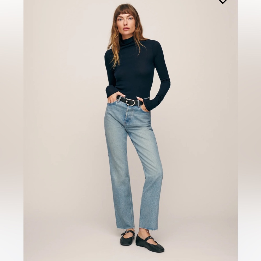 Reformation Cynthia Jean 25 raw hem in Tahoe color